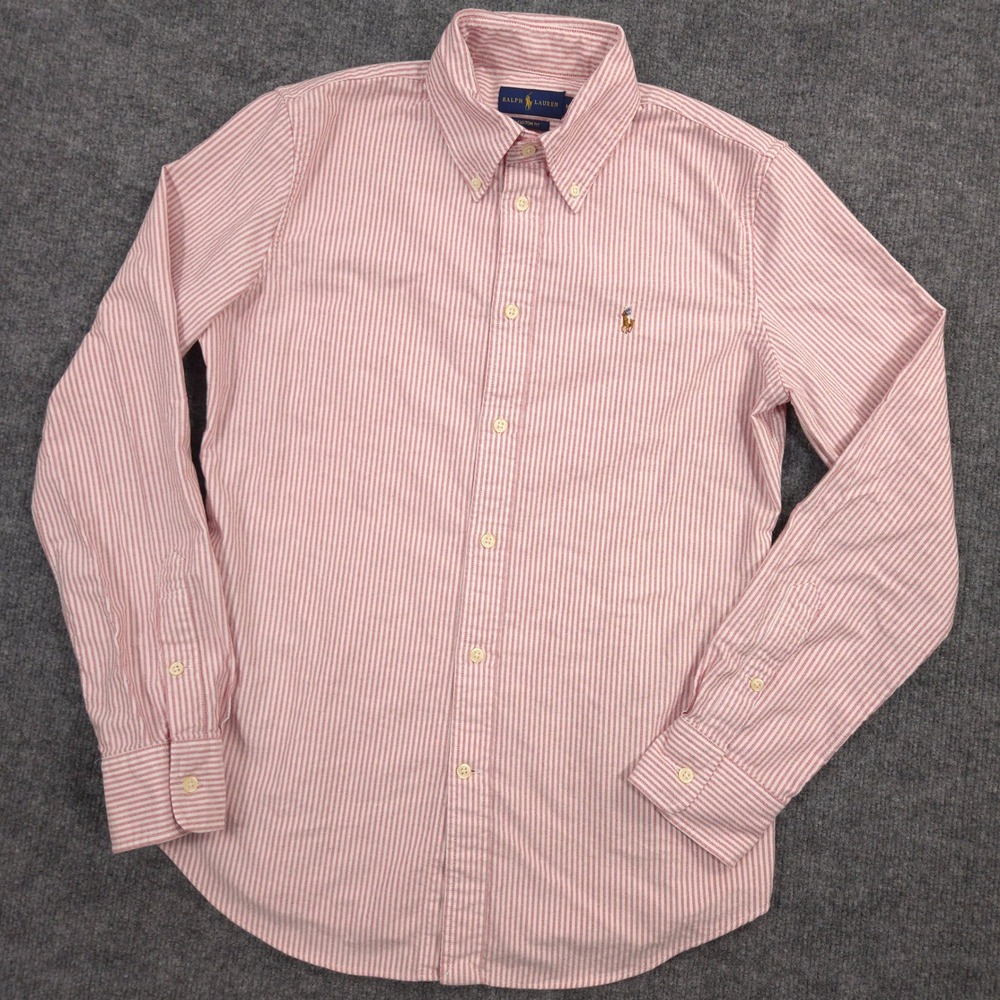 Ralph Lauren Oxford Shirt Mens M Burgundy White Striped Flesh Pony Custom Fit